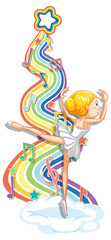 Ballerina with melody symbols on rainbow wave
