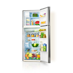 Refrigerator full of food isolated on white background