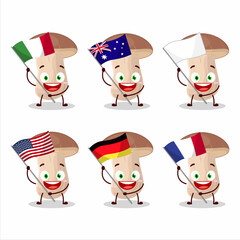 Brown cap boletus cartoon character bring the flags of various countries