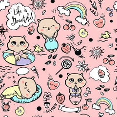 Vector hand drawn colored baby seamless repeating simple flat pattern with cute hamsters on pink background. Hamster doodle. Cute baby animals. Pattern for kids with hamsters. Web