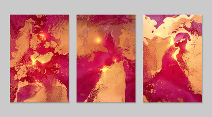 Set of abstract magenta and gold backgrounds with marble texture and shining glitter. Vector stone surface in alcohol ink technique. Fluid art illustration for poster, flyer, brochure design.