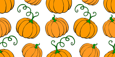 Vector seamless pattern with outline pumpkins in doodle style. Halloween or thanksgiving background and texture