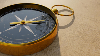Round magnetic compass on world map with copy space. 3D rendering illustration. 