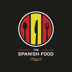 Spanish Food Restaurant Logo. Spain flag symbol with Spoon, Fork, and Knife icons. Premium and Luxury Logo