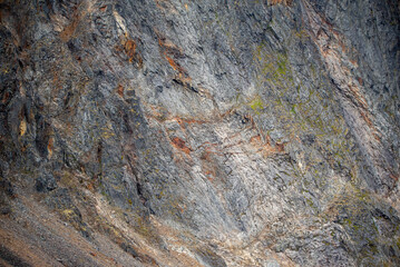 Side of natural mountain rock, slate in Canadas sub arctic region during summer time. Great for background, design use. 