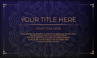 Template for a printable design of an invitation card with a luxurious ornament. Purple vector banner with greek luxury ornaments for your design.