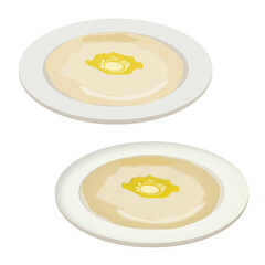 Set of a white plate of semolina porridge with butter