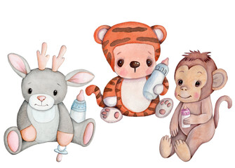Cute baby animal tiger, deer and monkey with baby milk bottle. Watercolor illustration. Isolated.