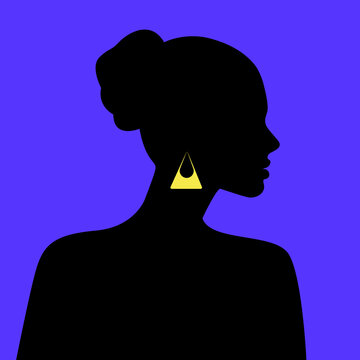 graphic silhouette of a girl with a big designer earring on a blue background