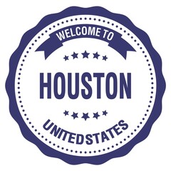 WELCOME TO HOUSTON - UNITED STATES, words written on blue stamp