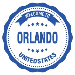 WELCOME TO ORLANDO - UNITED STATES, words written on light blue stamp