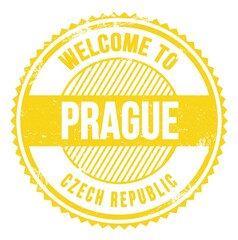 WELCOME TO PRAGUE - CZECH REPUBLIC, words written on yellow stamp