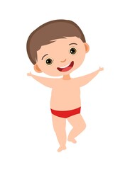 Cheerful boy rejoices. Prepared for water games in the sea, river or pool. In beachwear. Isolated on white background. Illustration in cartoon style. Flat design. Vector art