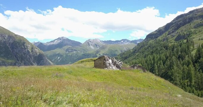 Old cabane over Val d'Isère village in the Franch Alps