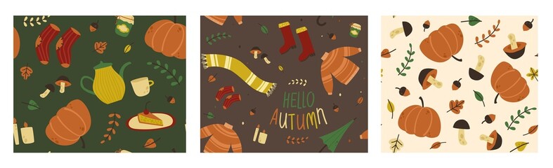 Three vector seamless patterns on the theme of autumn. Subject illustration: warm sweater, rubber boots, woolen socks, umbrella. Autumn harvest: mushrooms, pumpkin, autumn leaves, acorns.