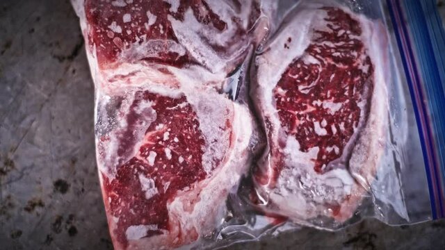 Frozen beef in zipper bag
