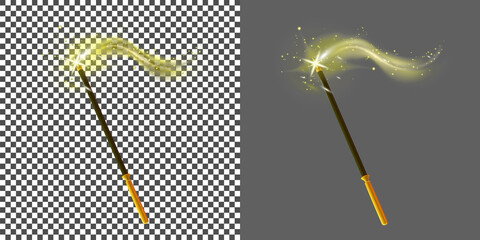 Realistic magic wand and stars flat icon. Cartoon sorcery stick isolated on dark and transparent background. Celebration symbol. Birthday party, festive glittering. Vector illustration. © Nanotrillion