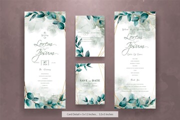 Set Of Greenery Watercolor Wedding Invitation Template with Hand Drawn Leaves