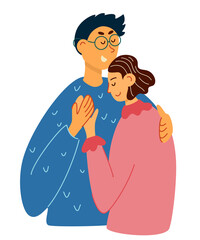Happy young lovers couple hugging. Hand draw Couple in a relationship in love. Boyfriend hugs his girlfriend. Happy Hug day. Relationships, family, love. Cartoon Vector illustration isolated