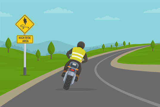 Biker riding motorcycle on the highway. Cornering or turning bike on high risk area. Flat vector illustration template.