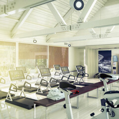 Fototapeta na wymiar Treadmills & Bikes Inside a Gym (detail) - 3d Visualization