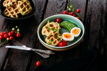 Belgian waffles with avocado, egg and tomato. Healthy breakfast