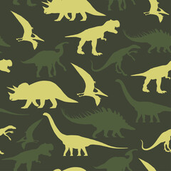 A set with different types of dinosaurs. Seamless pattern. Army dinosaur pattern of green colors. Fashionable print for children's fabrics and clothing.