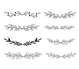 Set of sprigs with leaves. Collection of different borders with leaves on branches in outline style. Vector line art isolated on white