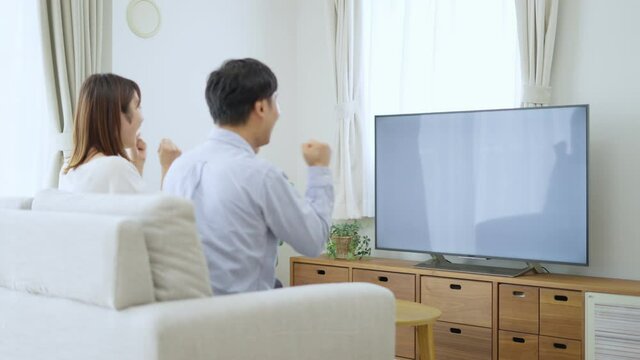 テレビでスポーツ観戦をし応援しているチームが勝ち喜ぶ夫婦・カップル