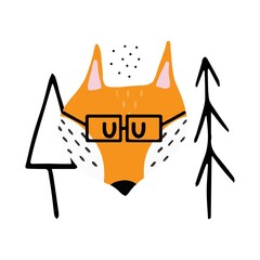 Hand-drawn children's illustration of a red fox with glasses. Cunning fox near the Christmas trees. Illustration for postcards, prints.