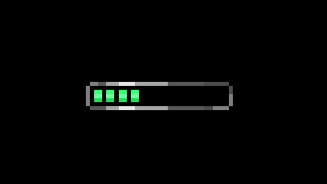 Pixel art 4k green bar loading screen with black background.