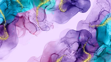 Fotobehang Unique alcohol ink background, abstract wallpaper,  purple and turqoise color mix, fluid texture contrast, liquid design, hand drawn wall art, for printed materials, organic curves © phillipes