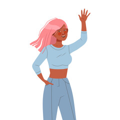 Young Woman Character with Pink Hair Posing for Selfie Smiling for the Camera and Waving Hand Vector Illustration