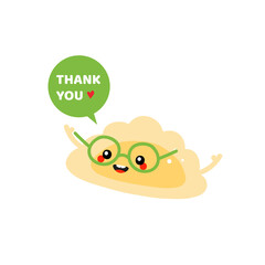 Cute happy cartoon style pierogi, filled dumpling character in glasses with speech bubble saying thank you, showing appreciation, gratitude.