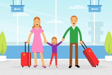 Happy Man and Woman Tourist Character with Little Daughter and Suitcase Waiting at Airport Station Vector Illustration