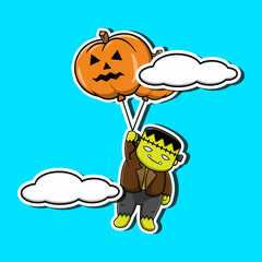 Frankenstein holding pumpkins balloon Cartoon Vector Illustration. Halloween Character Illustration.