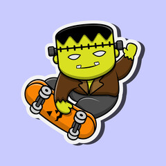 Fototapeta premium Frankenstein Cartoon Playing Skateboard Vector Illustration. Halloween Character Icon Illustration Isolated on Purple Background.