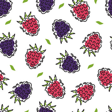 Raspberry and blackberry seamless pattern. Berries on a white isolated background. Abstract. Vector illustration