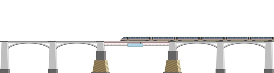 High-speed train on bridge. Fast transport. Railway with locomotive. Modern outdoor landscape. Isolated on background.. Flat style design. Vector