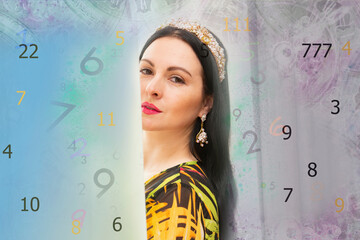 Woman numerology and space background

