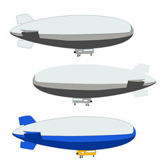 Set of grey-blue airship Zeppelin dirigible with outline and no outline