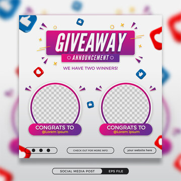 Editable giveaway winner announcement social media post template with 3d elements