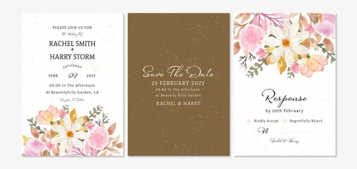 Set of Autumn Floral Wedding Invitation Card With Gorgeous Watercolor Flowers