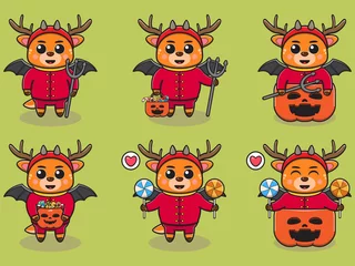 Fotobehang Vector illustration of cute Deer with Devil halloween costume. Deer character vector design. Good for label, sticker, clipart. © Heru
