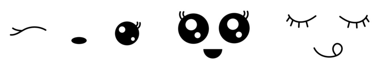 Set of minimalistic black and white cute cartoon faces that express joy, happiness and pleasure with no background