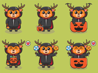 Obraz premium Vector illustration of cute Deer with Dracula halloween costume. Deer character vector design. Good for label, sticker, clipart.