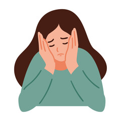 A woman is having a headache. Girl feels anxiety and depression. Psychological health concept. Nervous, apathy, sadness, sorrow, unhappy, desperate, migraine. Flat vector illustration.