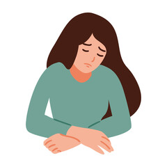 A woman is having a headache. Girl feels anxiety and depression. Psychological health concept. Nervous, apathy, sadness, sorrow, unhappy, desperate, migraine. Flat vector illustration.