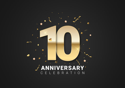 10 anniversary background with golden numbers, confetti, stars on bright black holiday background. Vector Illustration