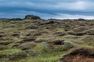 Fototapeta na wymiar Landschaft mit Lava, Bachlauf, Moose und Flechten im Geothermalgebiet Hveravellir auf Island.